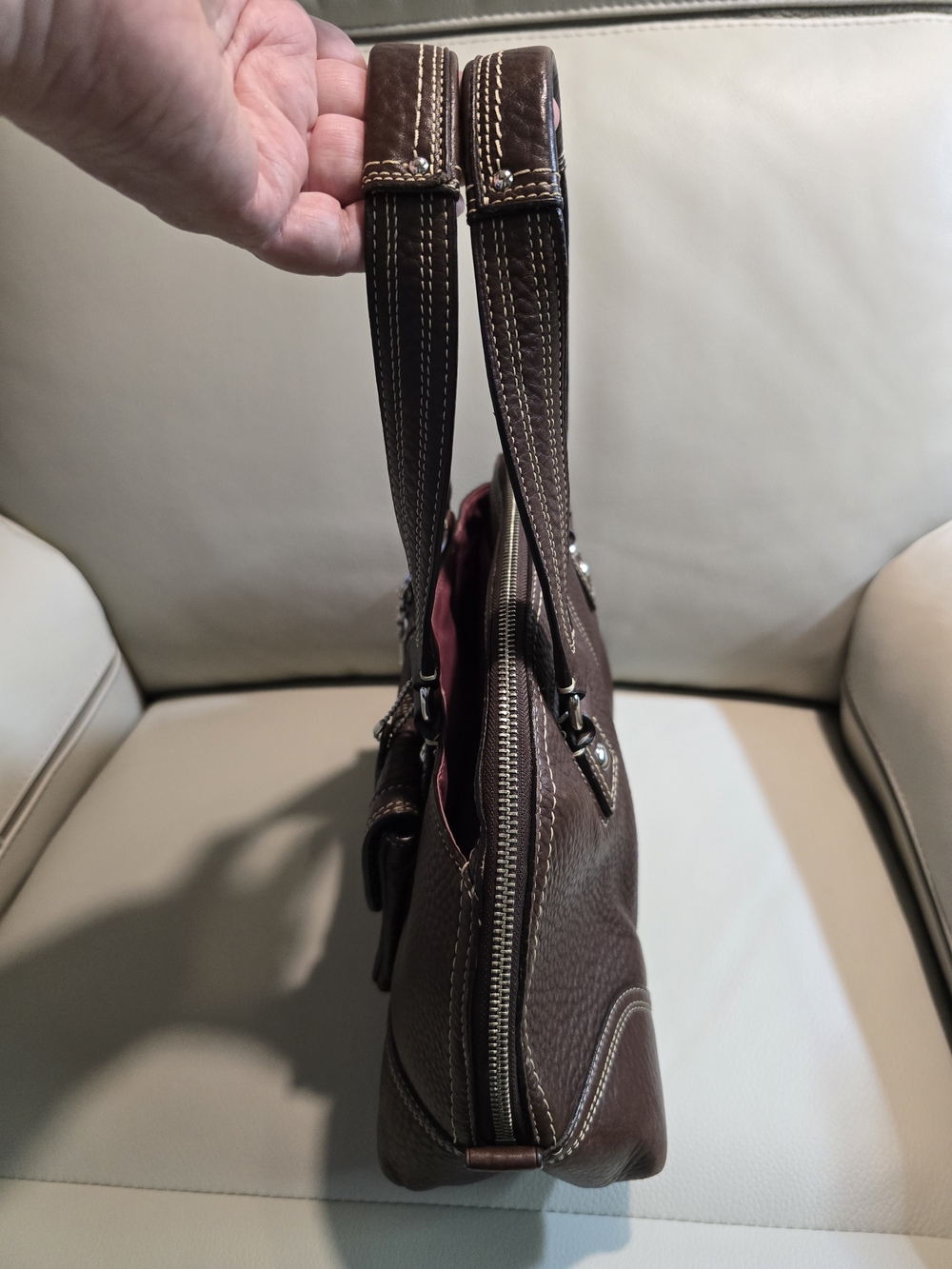 Coach EUC 3 Piece Brown Pebbled Leather Shoulder Bag with Coach Charm & Strap - Picture 6 of 10